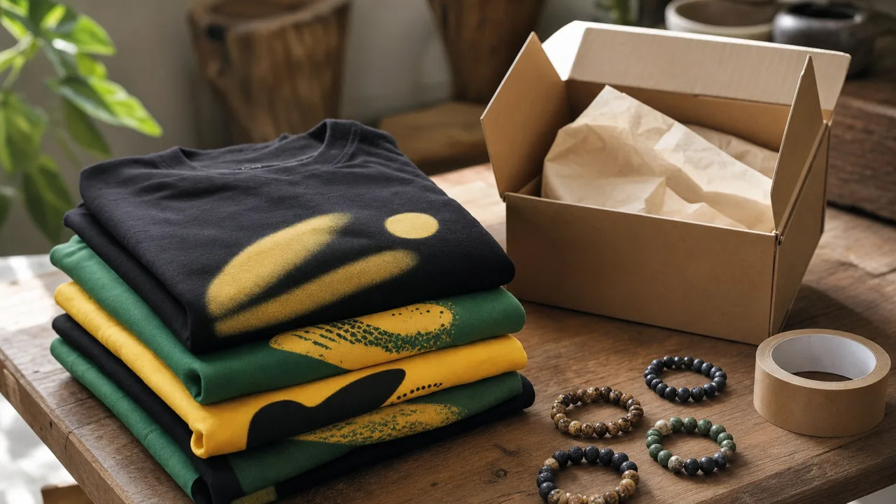 Folded black, green and gold graphic tees on a workbench beside stone bead bracelets and an open shipping box
