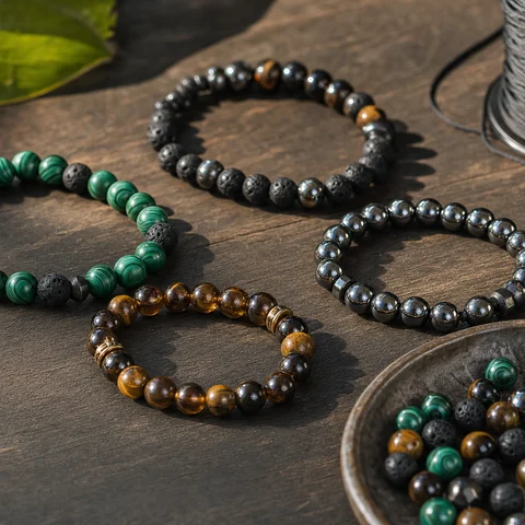 Hand-strung beaded stone bracelets on weathered wood