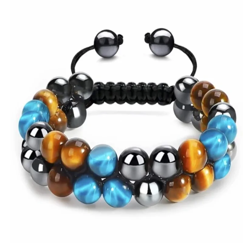 Double-row bracelet of blue tiger's eye, gold tiger's eye and hematite beads on adjustable cord