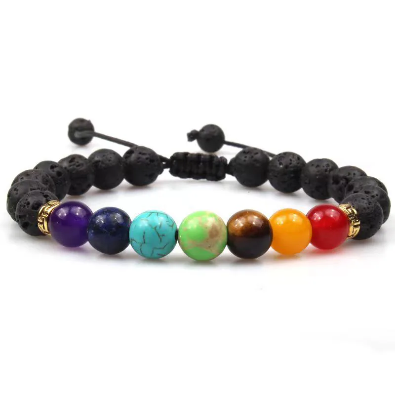 Seven chakra stones set among matte black lava beads on a braided drawstring