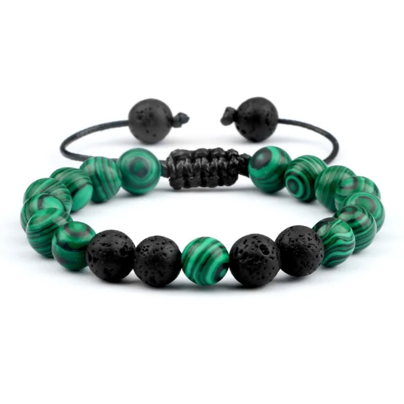 Banded green malachite beads with a few black lava beads at the front