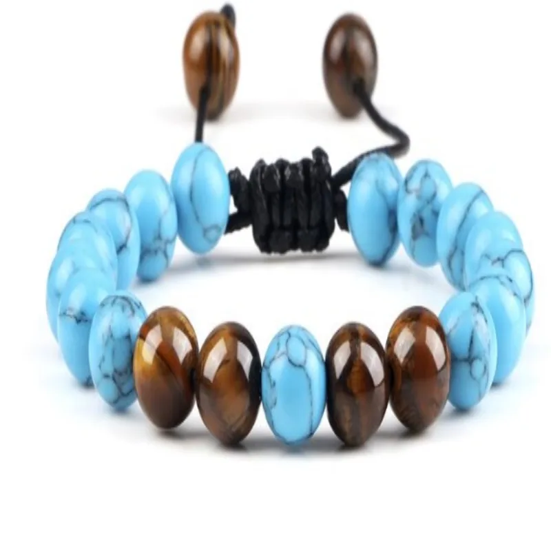 Single row of flat turquoise disc beads with golden tiger's eye across the front
