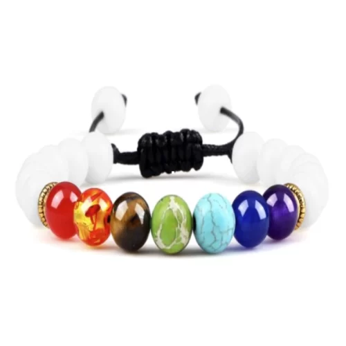 White stone beads with seven chakra discs and gold spacer rings