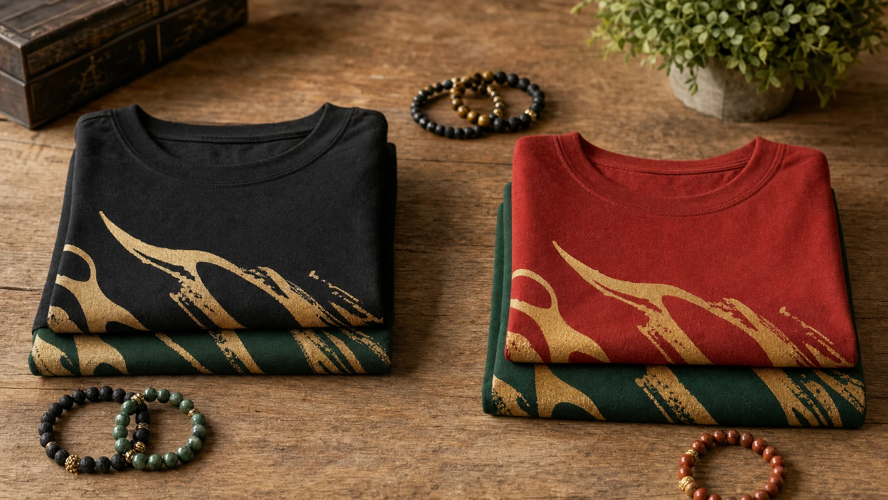 Folded black-and-green and red-and-green t-shirts with matching gold graphic prints, next to stone bead bracelets on a wood table